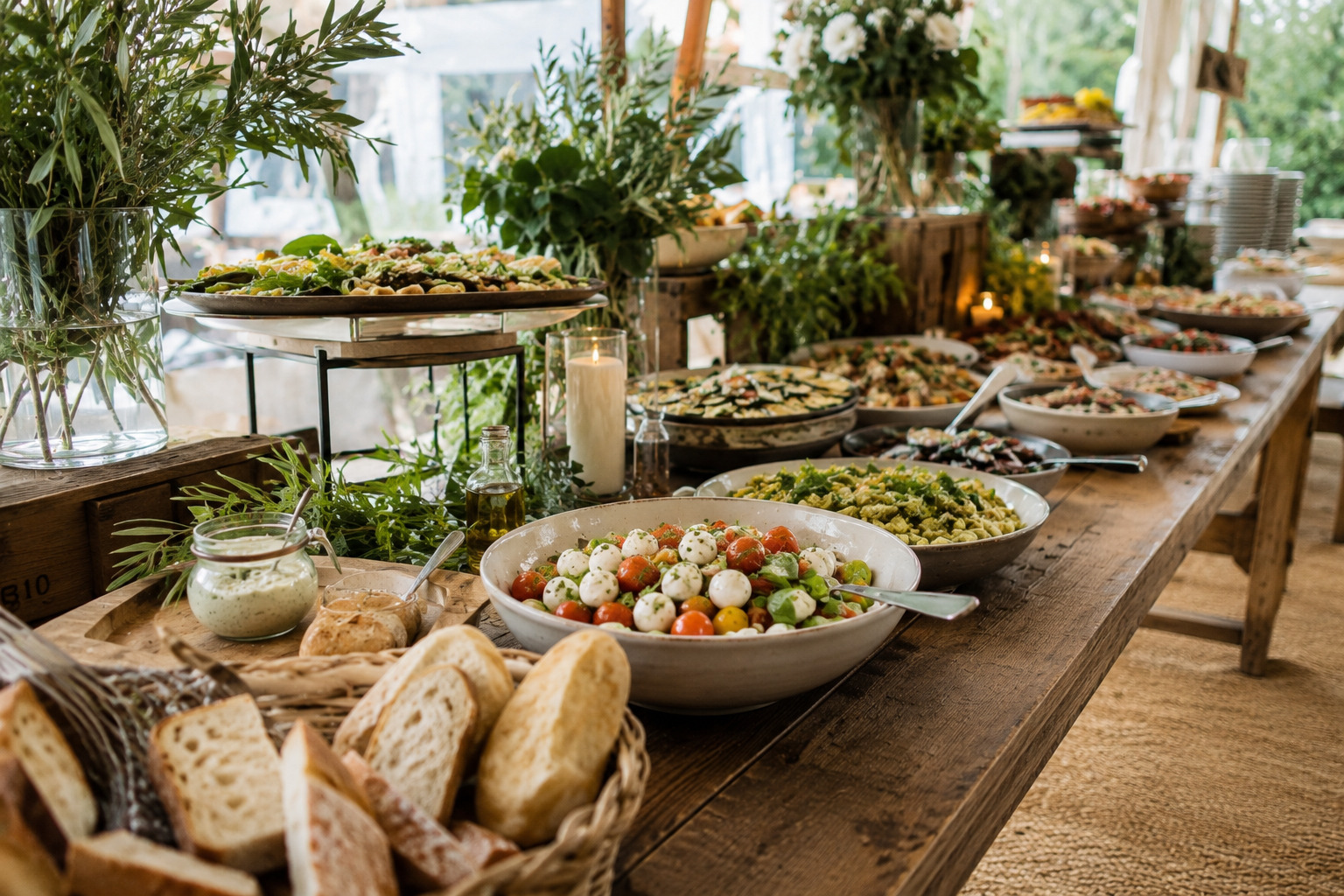 Festlich gedeckte Hochzeitstafel in stilvoller Eventlocation mit Catering-Konzept für Buffet oder Menü